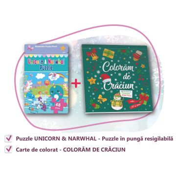 PACHET CADOU CRACIUN - CARTE DE COLORAT + PUZZLE UNICORN & NARWHAL