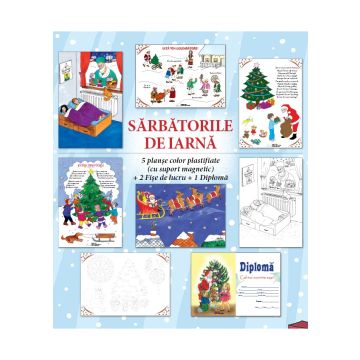 Set A4 SARBATORI DE IARNA, (5 planse plastifiate si cu 2 benzi magnetice + 2 fise de lucru + 1 Diploma) (CABA)