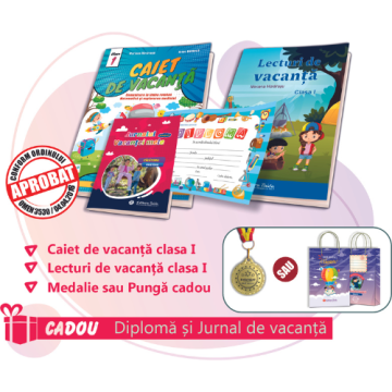 PACHET 13 PREMIERE CLASA I - CAIET DE VACANTA + LECTURI DE VACANTA  + MEDALIE sau PUNGA CADOU (DIPLOMA + JURNALUL VACANTEI MELE CADOU)