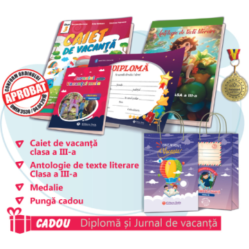PACHET 8 PREMIERE CLASA A III-A - CAIET DE VACANTA + ANTOLOGIE DE TEXTE LITERARE CLASA A III-A + MEDALIE + PUNGA CADOU (DIPLOMA + JURNALUL VACANTEI MELE CADOU)