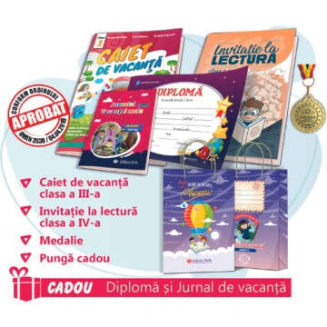 PACHET 7 PREMIERE CLASA A III-A - CAIET DE VACANTA + INVITATIE LA LECTURA IV + MEDALIE + PUNGA CADOU (DIPLOMA + JURNALUL VACANTEI MELE CADOU)