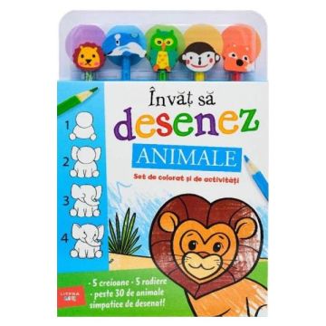 Invat sa desenez. Animale. Set de colorat si de activitati (contine 5 creioane si 5 radiere) (Litera)