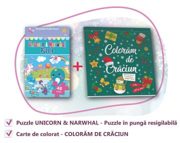 PACHET CADOU CRACIUN - CARTE DE COLORAT + PUZZLE UNICORN & NARWHAL