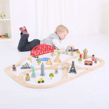 BigJigs Circuit feroviar - Ocolul Pamantului (73 piese)