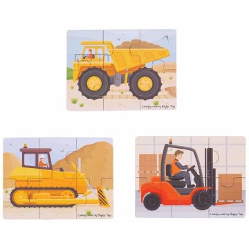 BigJigs Set 3 puzzle din lemn - Vehicule pentru constructii