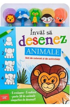 Invat sa desenez. Animale. Set de colorat si de activitati (contine 5 creioane si 5 radiere) (Litera)