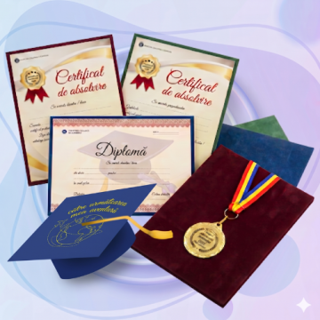 Pachet Medalie Absolvent 2026 + Certificat de absolvire gradinita/ciclul primar cu suport premium din catifea + toca absolvire 2026