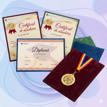 Pachet Medalie Absolvent 2026 + Certificat de absolvent gradinita/ciclul primar/ciclul gimnazial/liceu cu suport premium din catifea