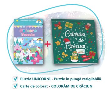 PACHET CADOU CRACIUN - CARTE DE COLORAT + PUZZLE UNICORN 