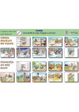 set Planse povesti - Ursul pacalit de vulpe (9 planse A3), Punguta cu doi bani (9 planse A3) (Caba)