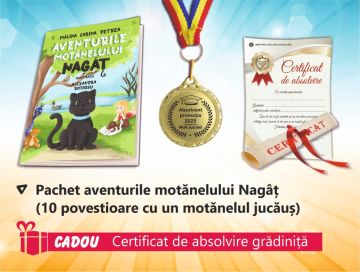 Pachet 1 premiere gradinita - Aventurile Motanelului Nagat (Certificat de absolvire cadou) + Medalie Absolvent 2026